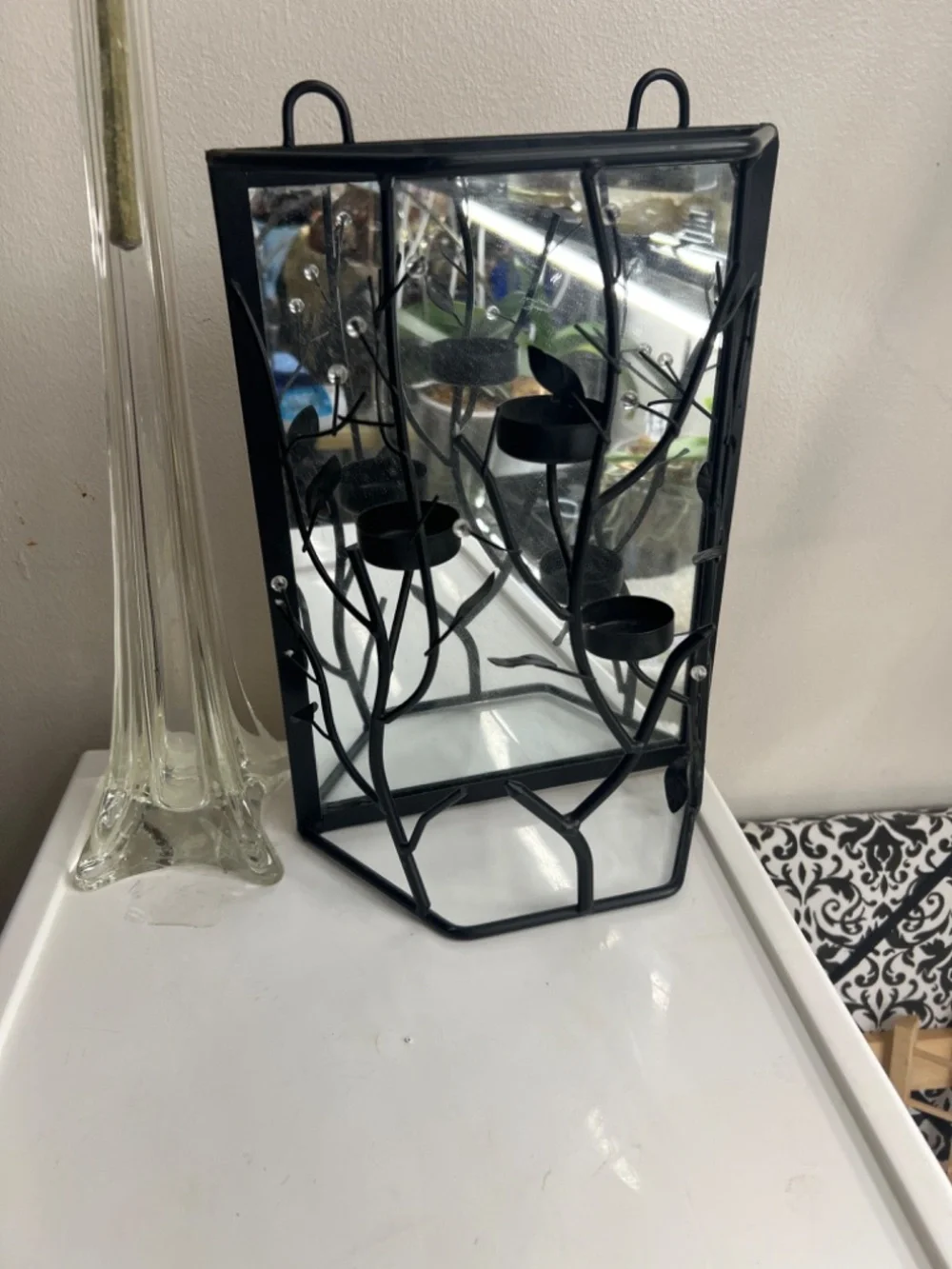 Tea Light Candle Holder w/Ghostly/Witch and House in the Forest Done on Mirror